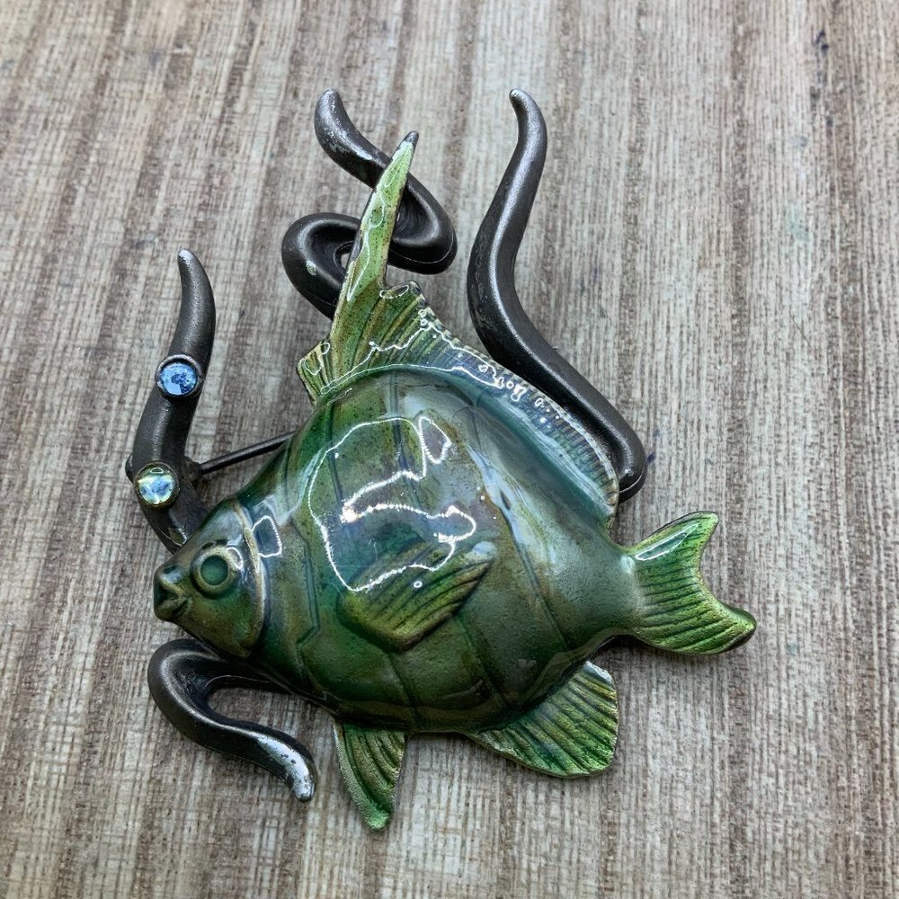 Kenneth Cole Vintage Green Enamel Tropical Fish Brooch Pin